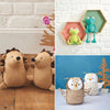 Collage of plush toys including hedgehogs, a frog, and owls against various backdrops.