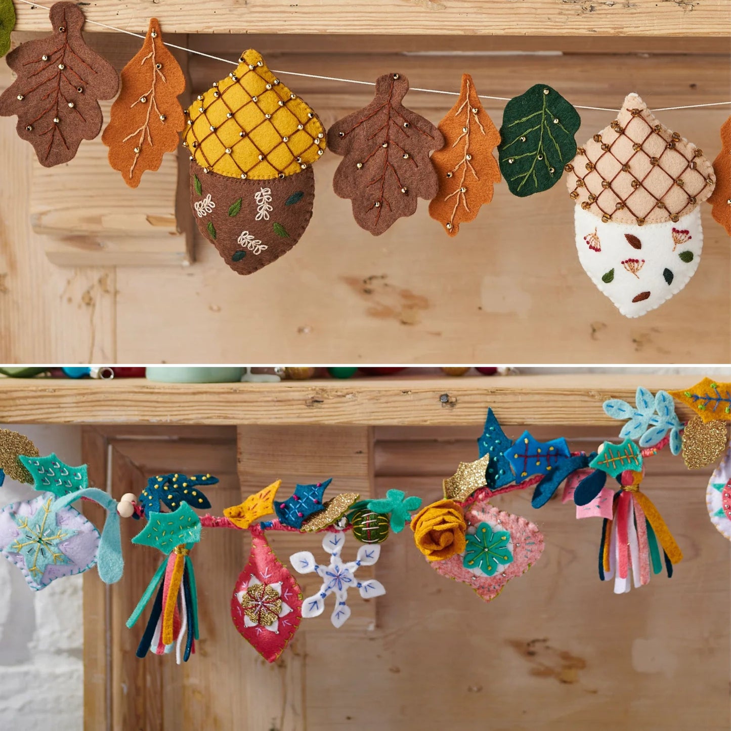 Two decorative garlands on a wooden surface, one with autumn-themed elements and the other with colorful flowers and tassels.