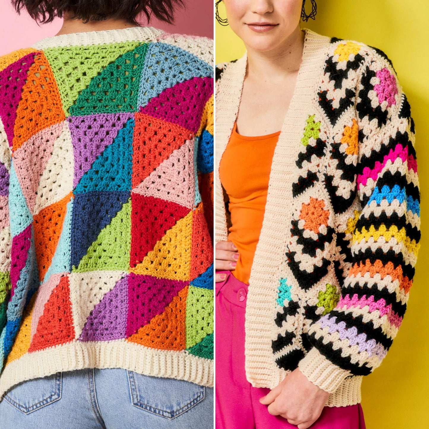 Two colorful crochet cardigans shown side by side against a pink and yellow background.