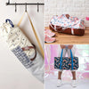 Collage of various bags including a drawstring bag, floral-patterned bag, and a person holding a colorful tote bag.