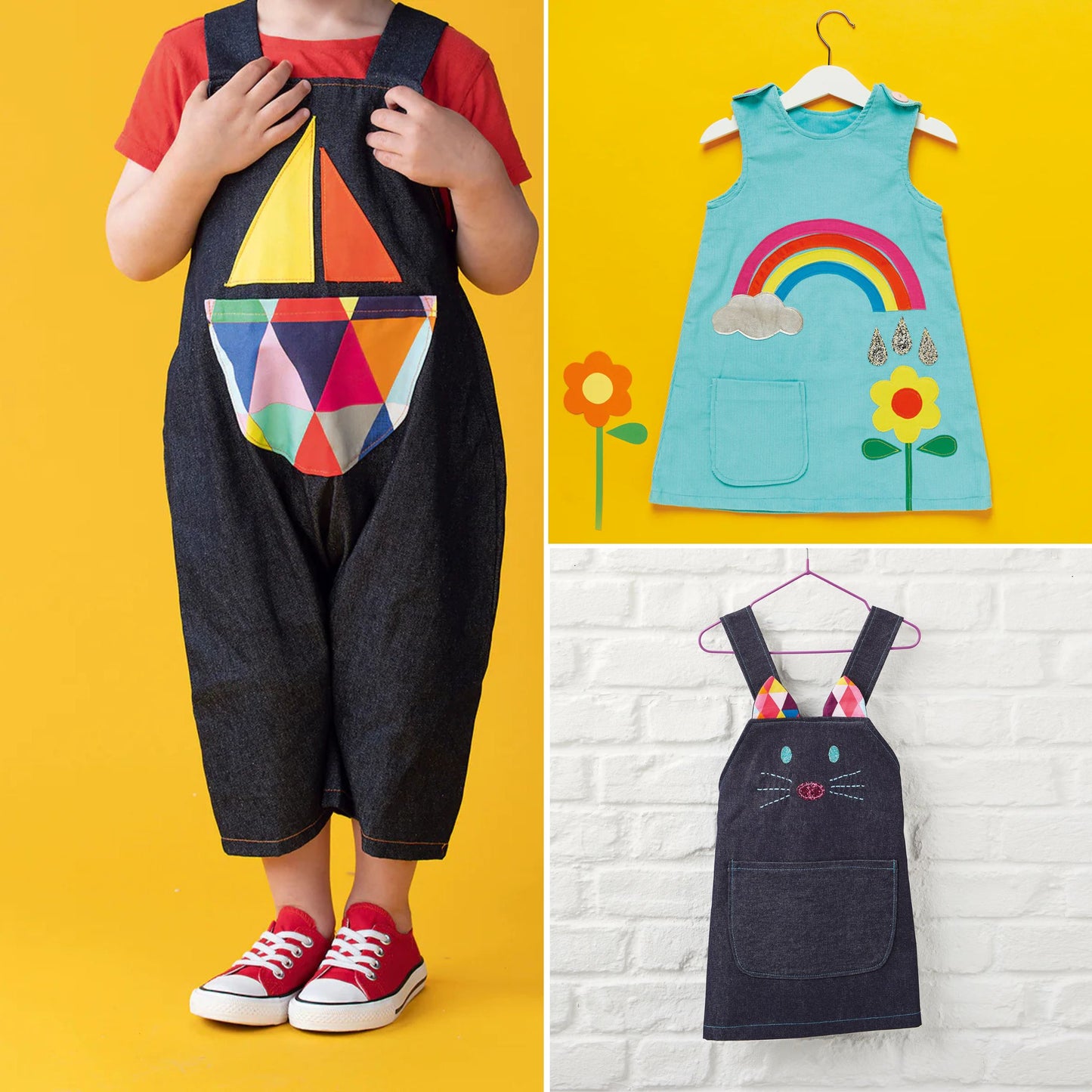 Child wearing colorful denim overalls with a rainbow and flower design on a yellow background.