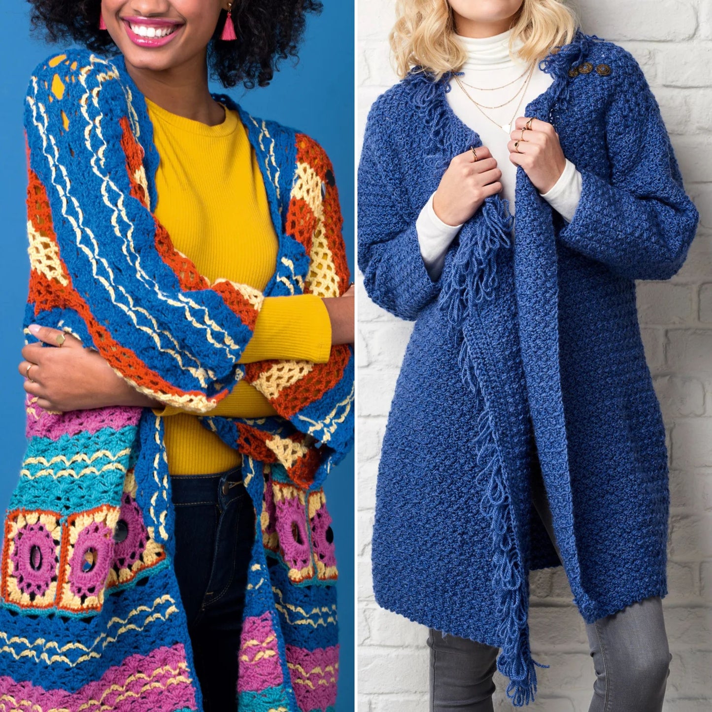 Two people wearing colorful and blue crocheted cardigans against a blue and white brick wall.