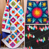 A collection of modern quilts by Lynne Goldsworthy, fearing a multicoloured star quilt, a colourful quilt with star motifs and a quilt showing letters on baulbles which spell out the names of Santa's reindeer.