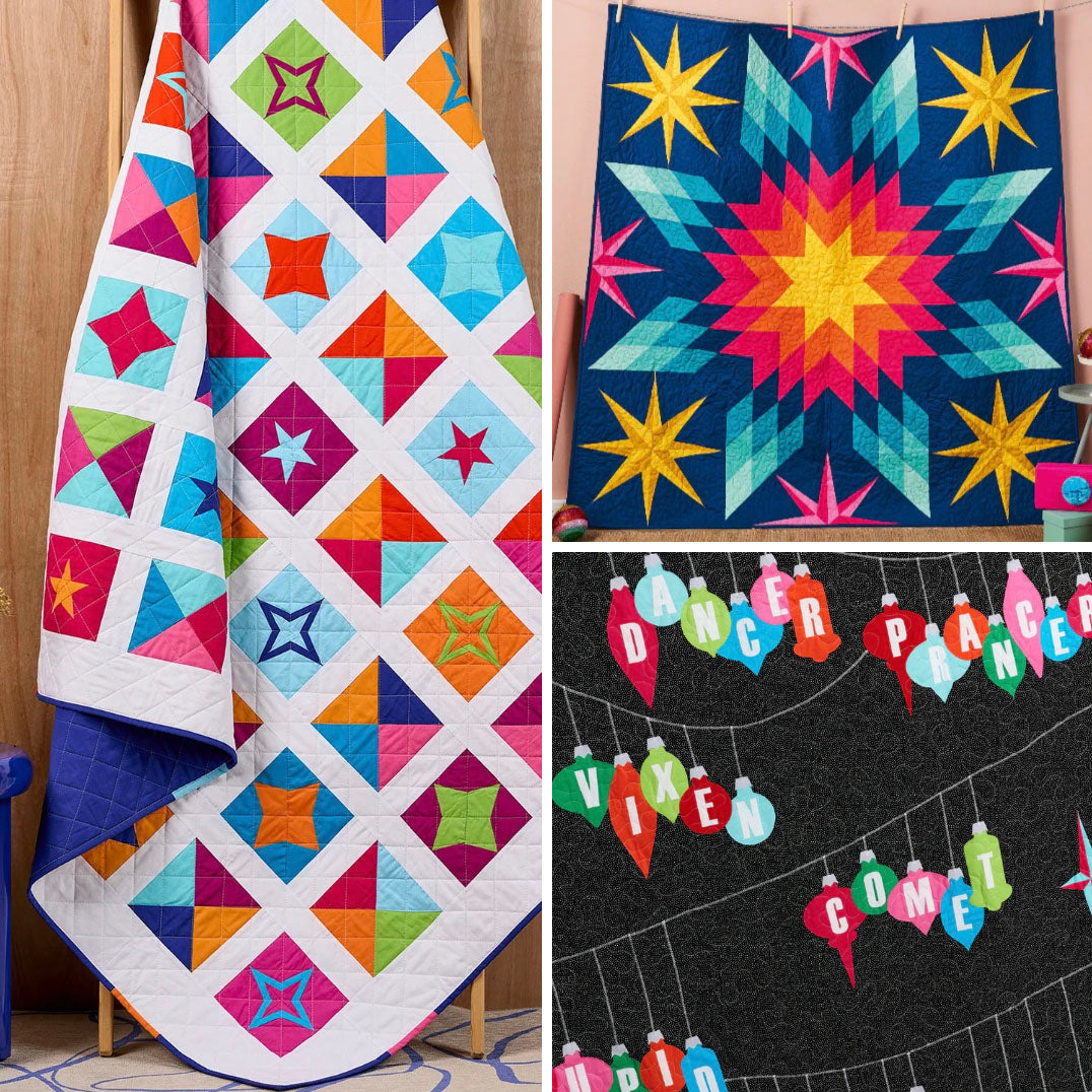 A collection of modern quilts by Lynne Goldsworthy, fearing a multicoloured star quilt, a colourful quilt with star motifs and a quilt showing letters on baulbles which spell out the names of Santa's reindeer.