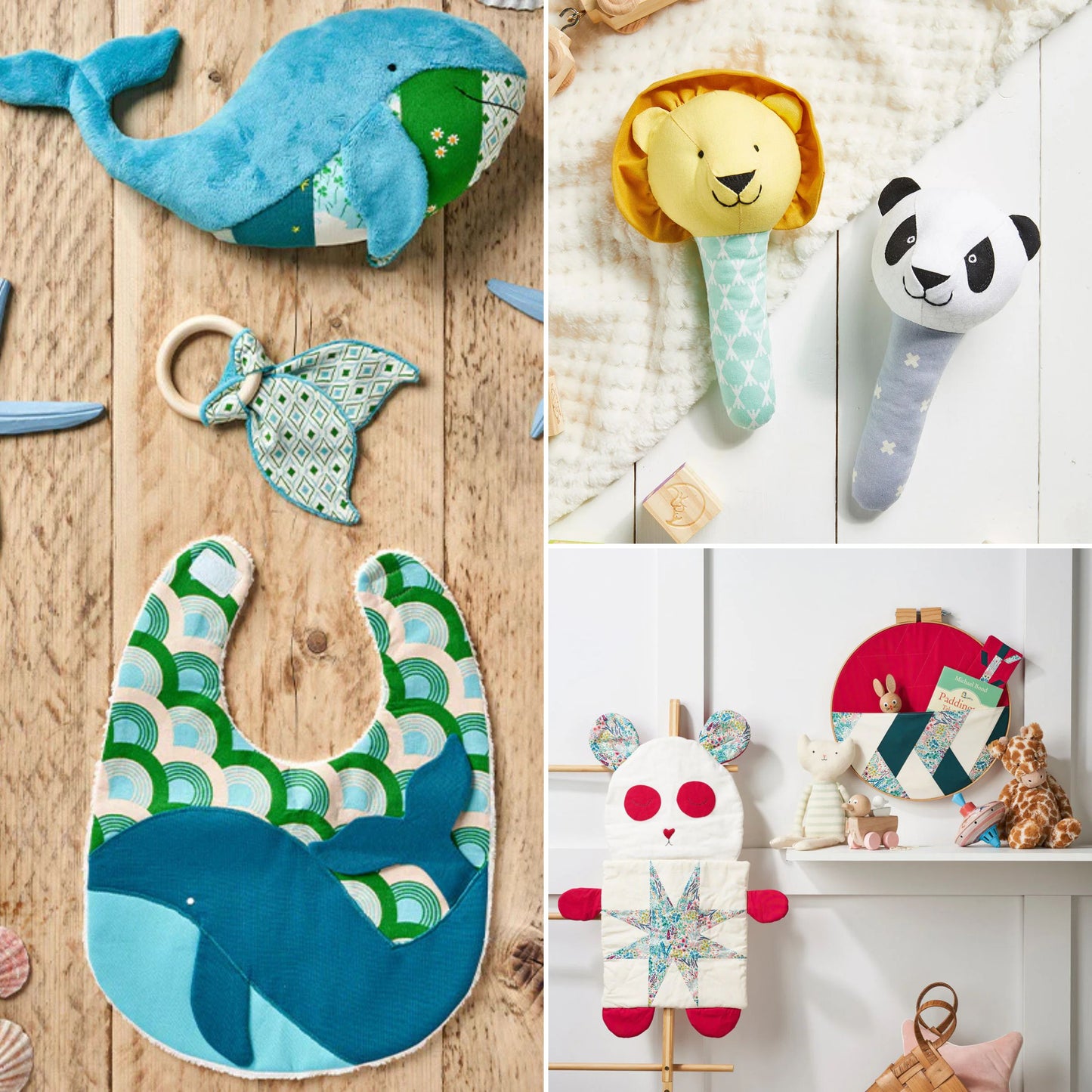 Collage of baby toys and bibs with a focus on colorful and patterned designs.