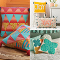 Collage of colorful pillows with geometric patterns and text