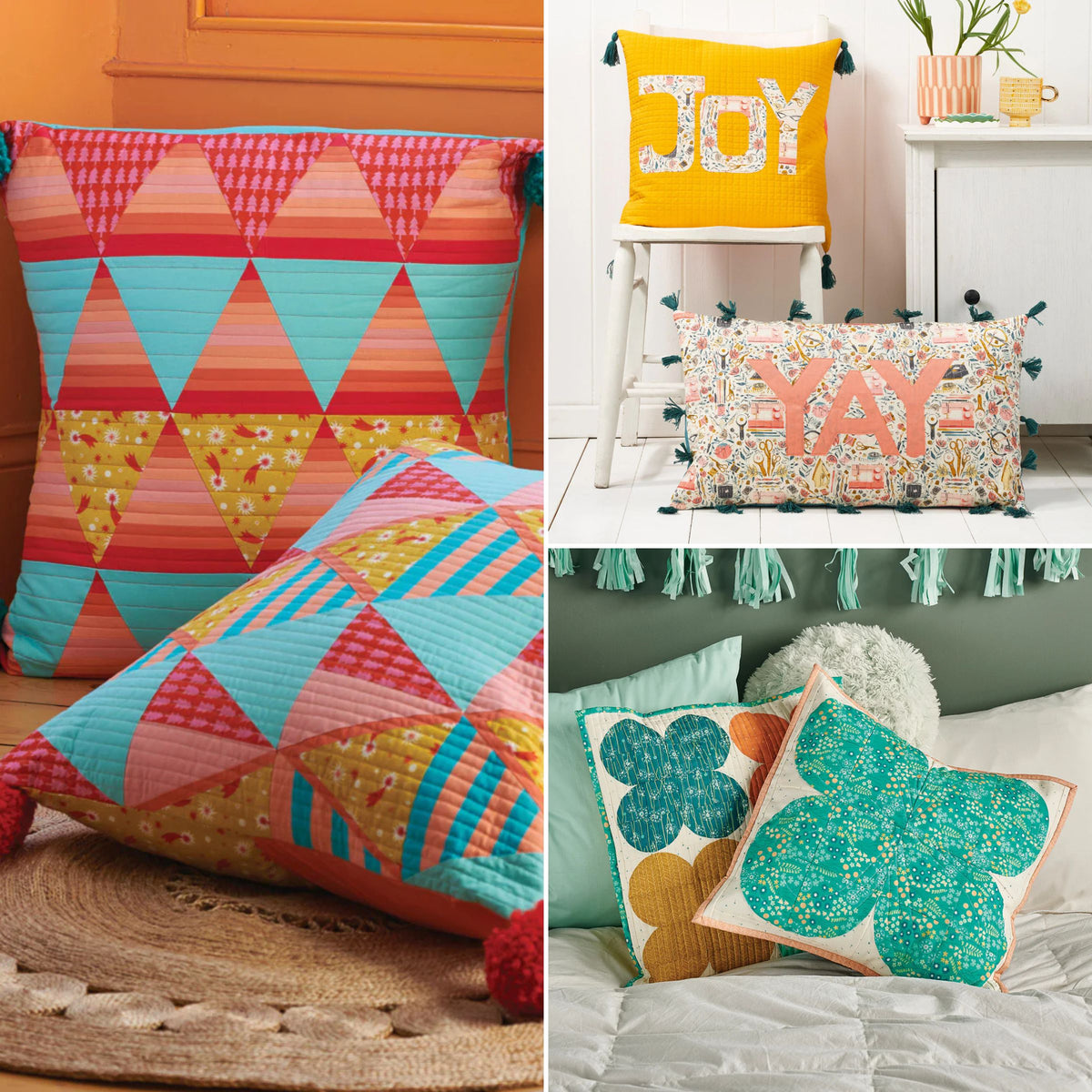 Collage of colorful pillows with geometric patterns and text