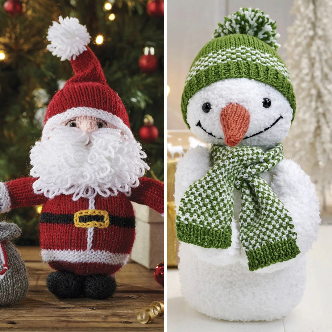 Knitted Santa Claus figure and snowman with green hat and scarf against festive backgrounds.