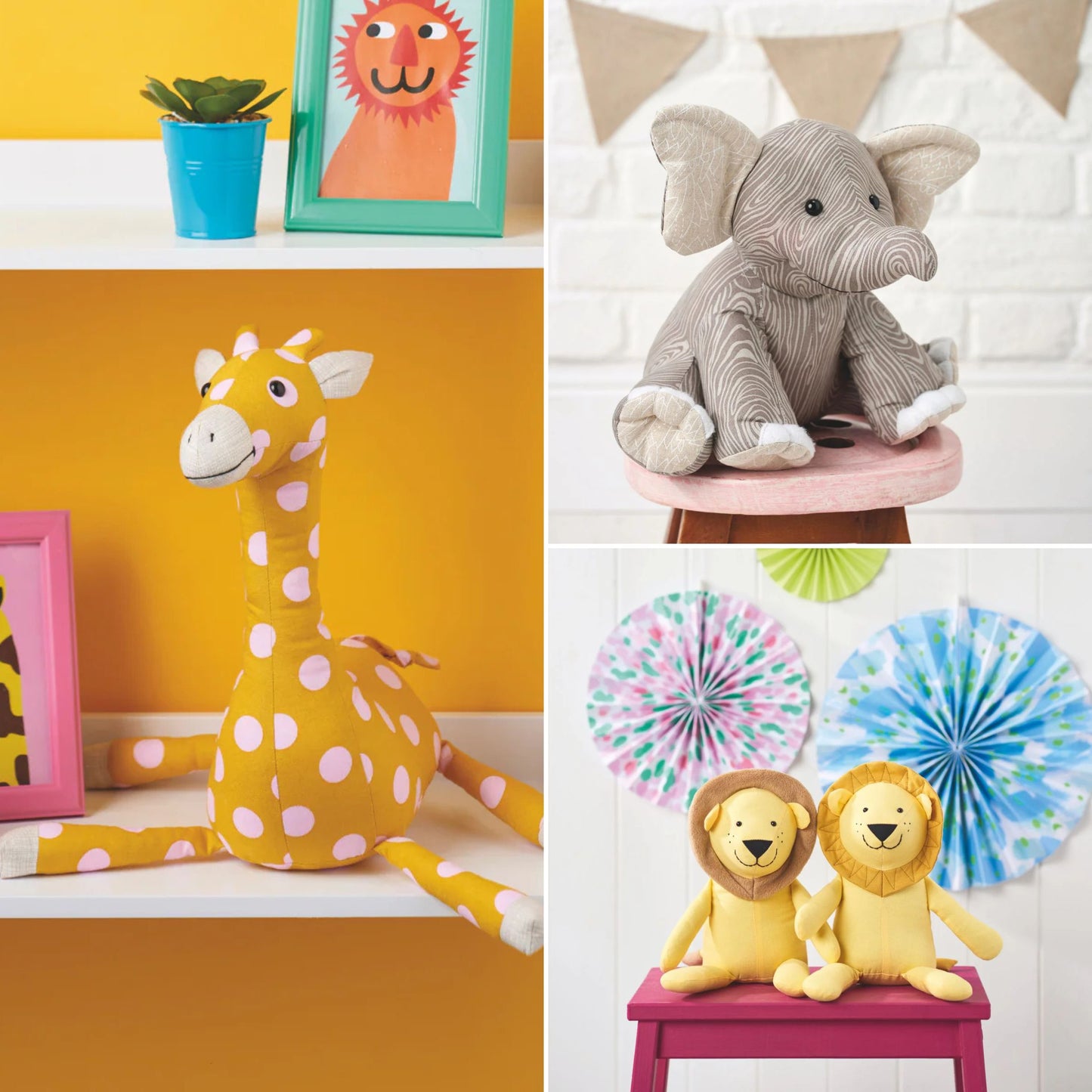 Collage of children's toys including a giraffe, elephant, and lion on colorful backgrounds.