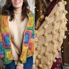 Two crocheted items: a colorful cardigan on a person and a beige shawl with pom-poms on another person.