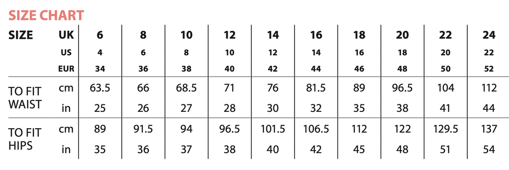Size chart for clothing measurements in UK, US, and EUR.