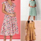 Three different floral dresses shown on a collage with various backgrounds.