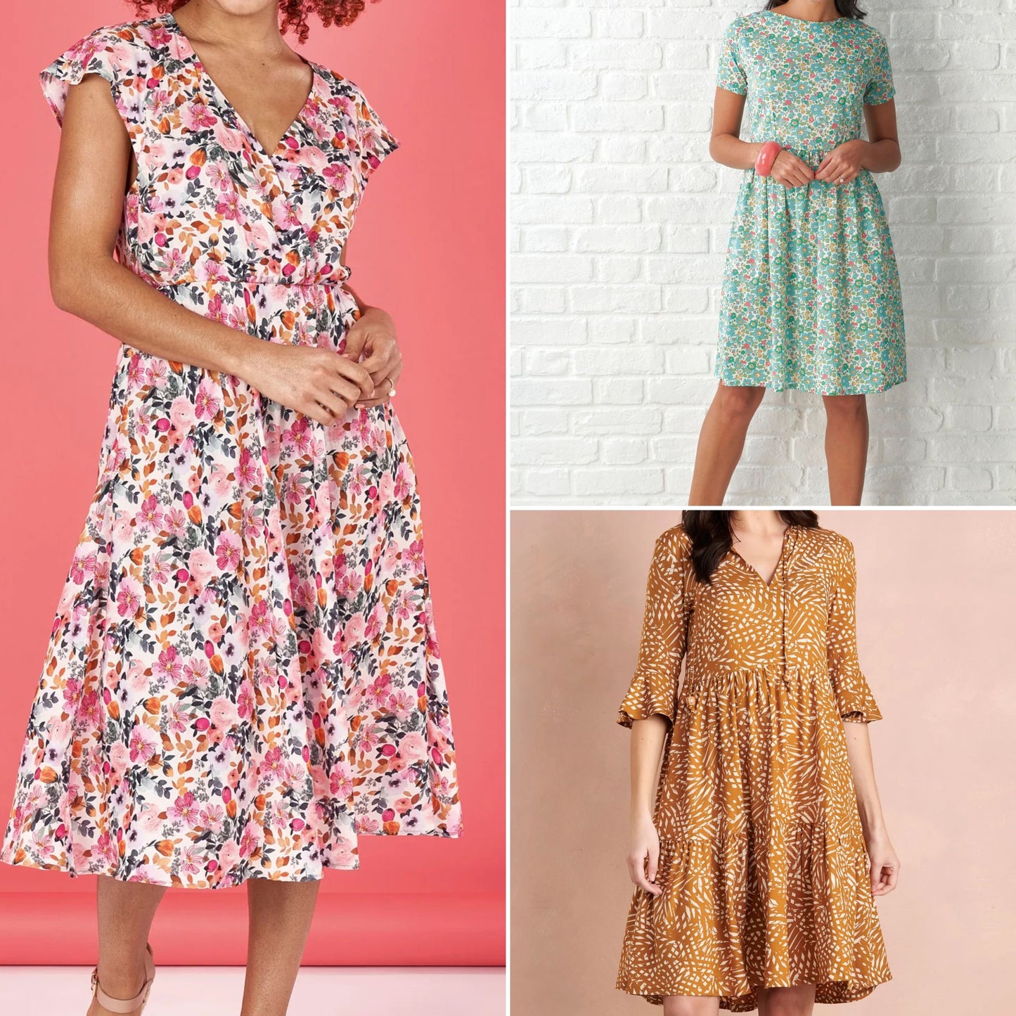 Three different floral dresses shown on a collage with various backgrounds.