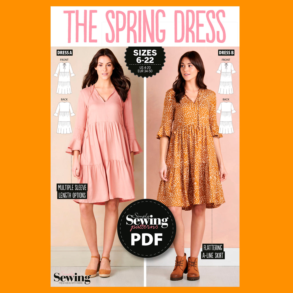 Sewing pattern book cover for 'The Spring Dress' with two models wearing dresses and text about sizes and options.