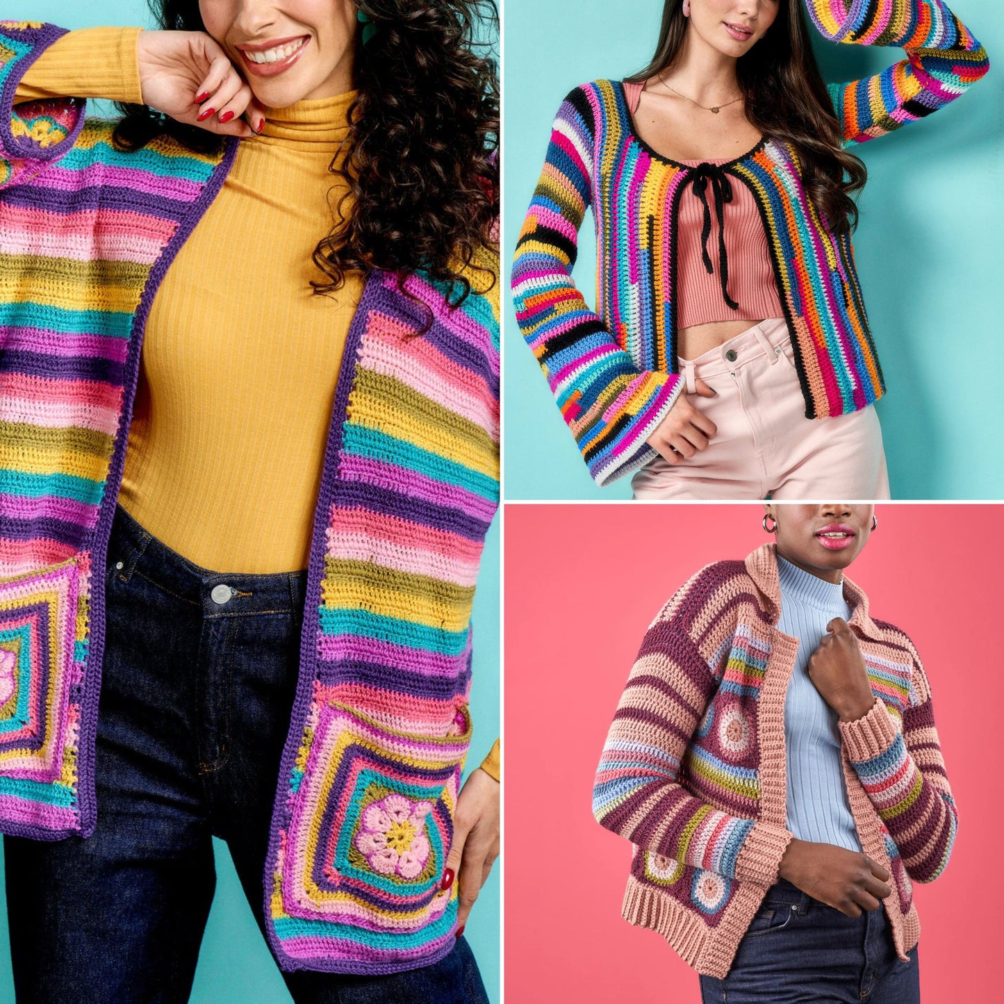 Three women wearing colorful crochet cardigans on different colored backgrounds.