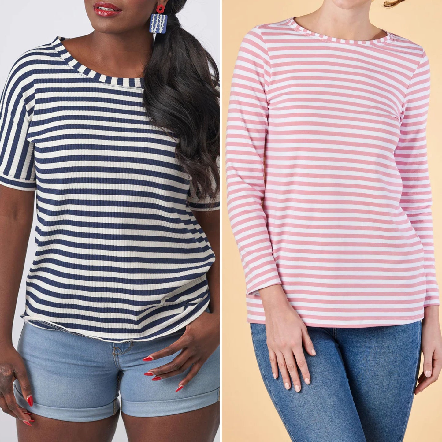 Two women wearing striped shirts and jeans, one with a blue and white striped shirt and denim shorts, the other with a pink and white striped shirt and jeans.