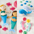 Collage of mermaid-themed toys and decorations on a white background