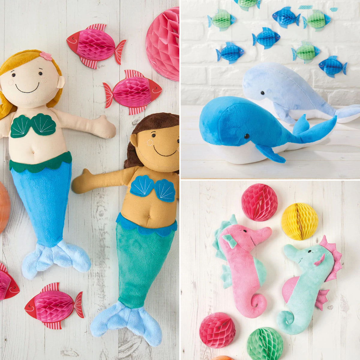 Collage of mermaid-themed toys and decorations on a white background
