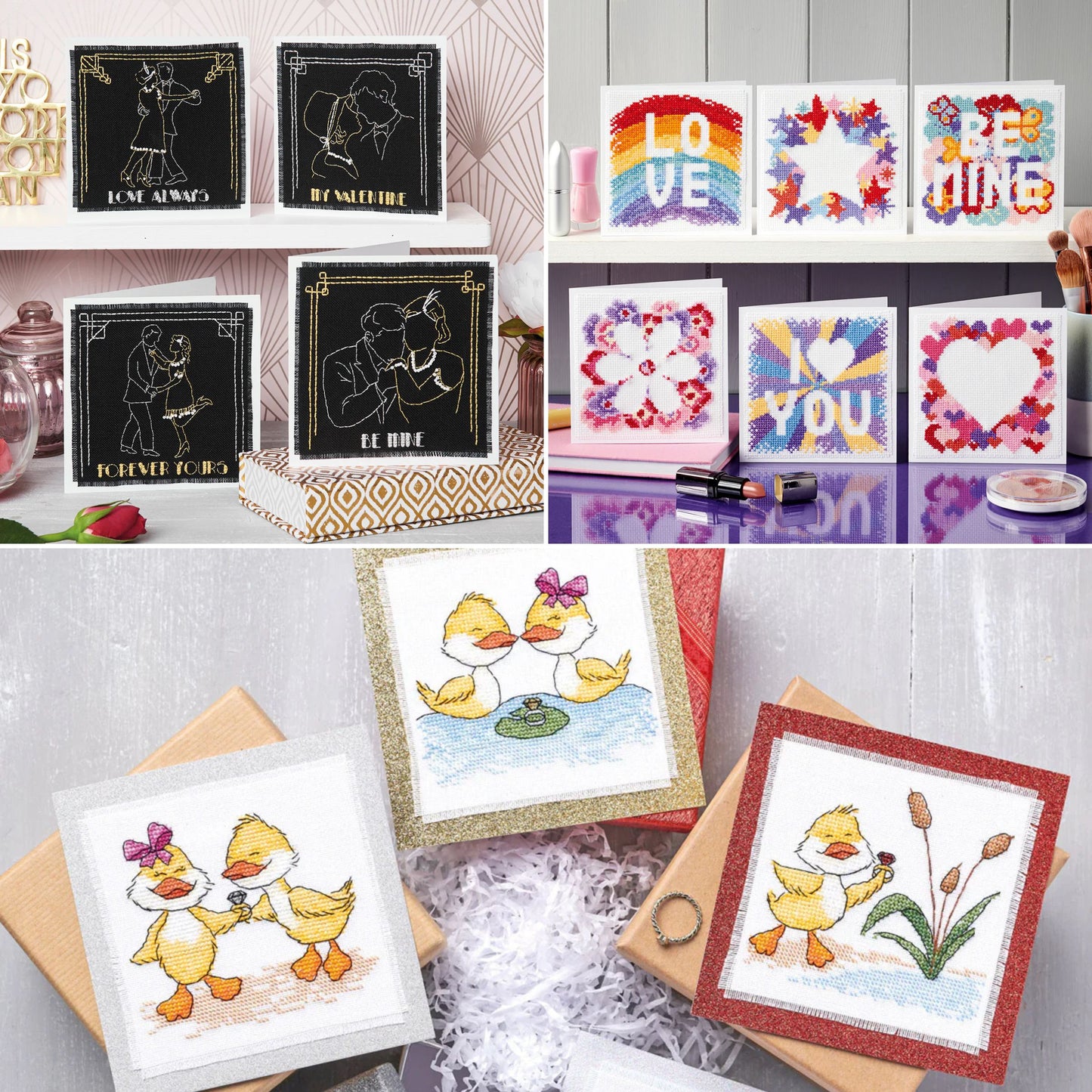 Collage of various greeting cards with different designs and colors.