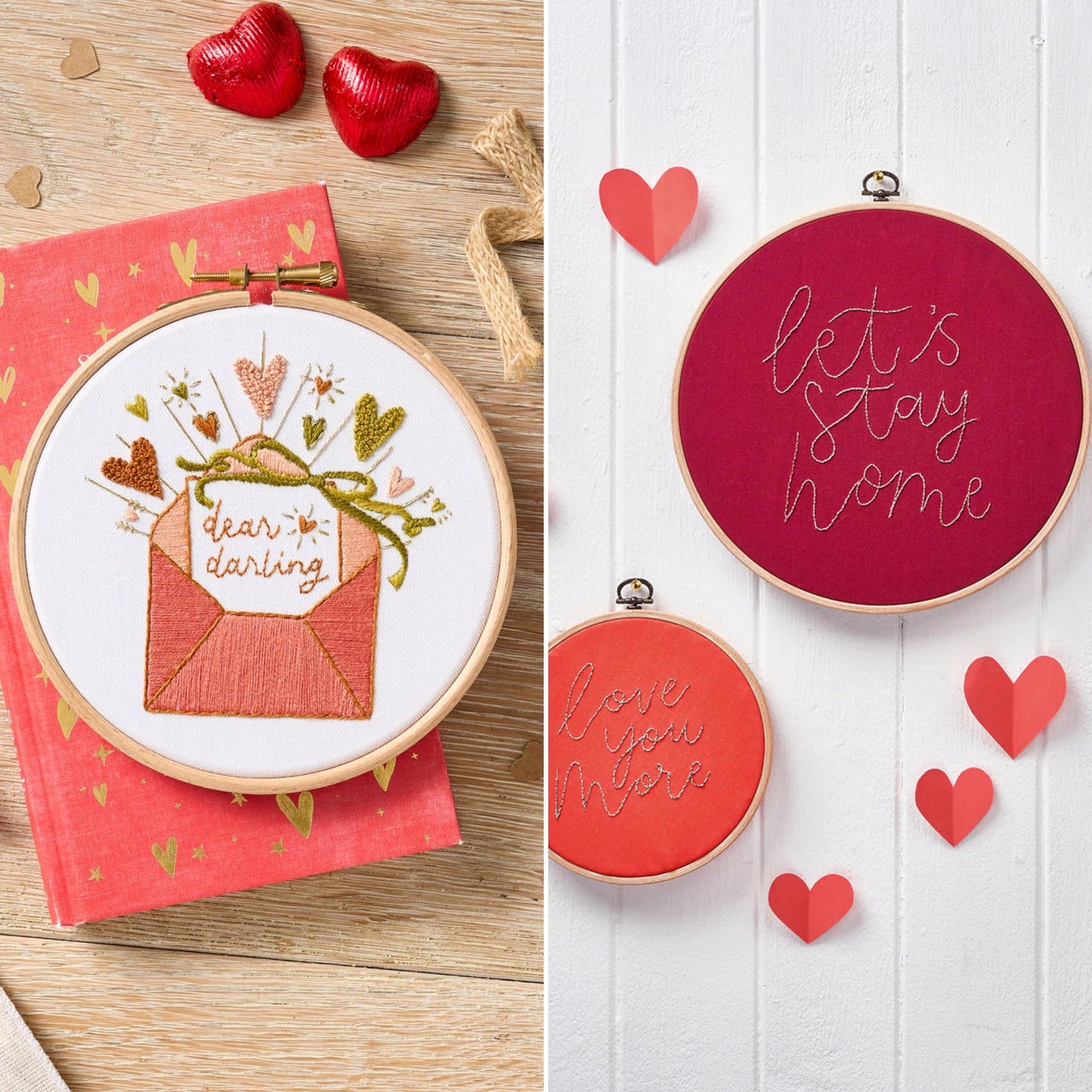 Embroidery hoops with love-themed designs and red hearts on a wooden surface.