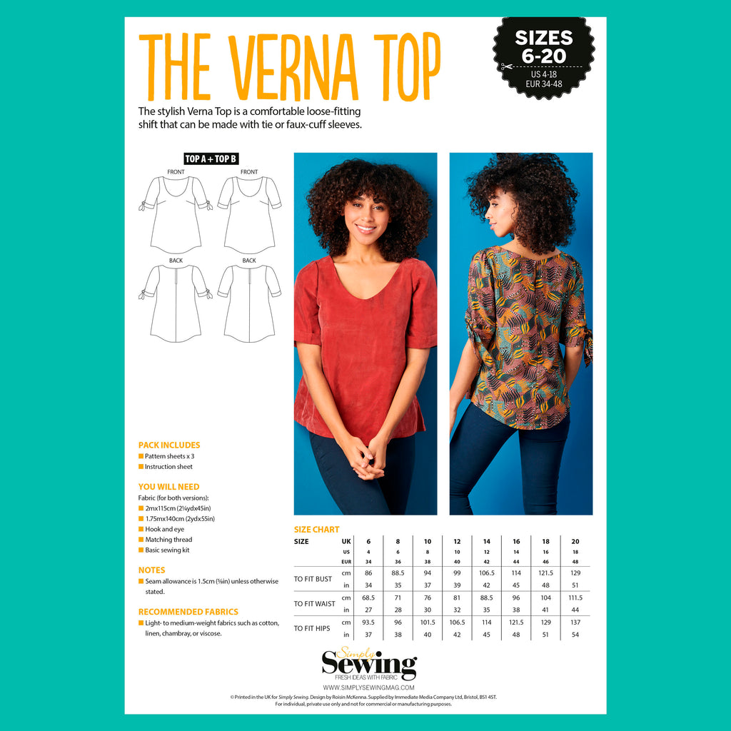 Sewing pattern leaflet for 'The Verna Top' with a model wearing the top on a teal background.