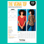 Sewing pattern leaflet for 'The Verna Top' with a model wearing the top on a teal background.