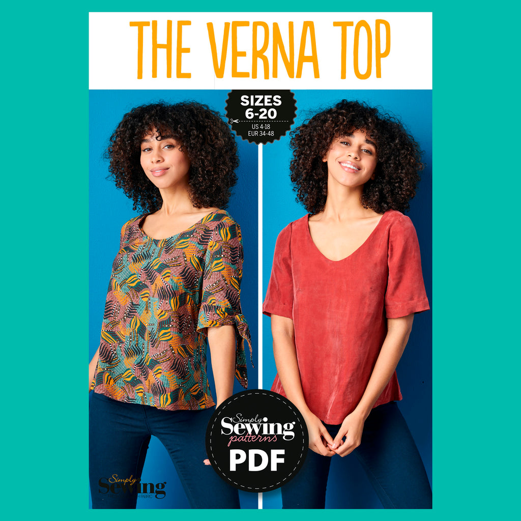 Advertisement for 'The Verna Top' sewing pattern with two models wearing tops and 'Simply Sewing Patterns' logo.