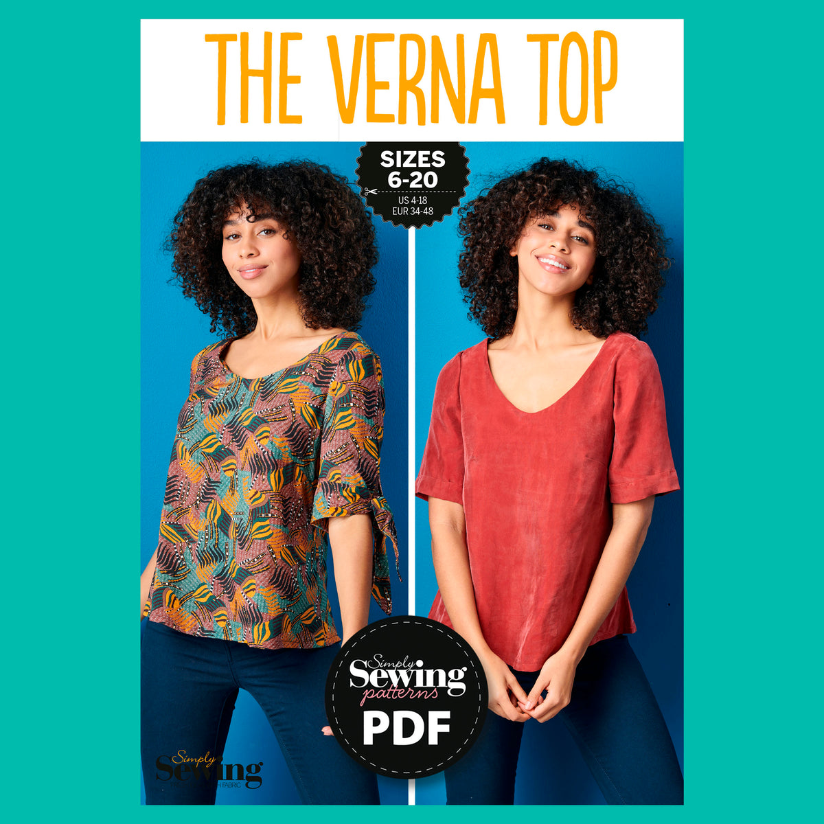 Advertisement for 'The Verna Top' sewing pattern with two models wearing tops and 'Simply Sewing Patterns' logo.