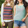 Two women wearing colorful crochet tops with a green outdoor and gray wall background.