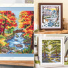 Collage of cross-stitch patterns depicting autumn, winter, and spring landscapes.