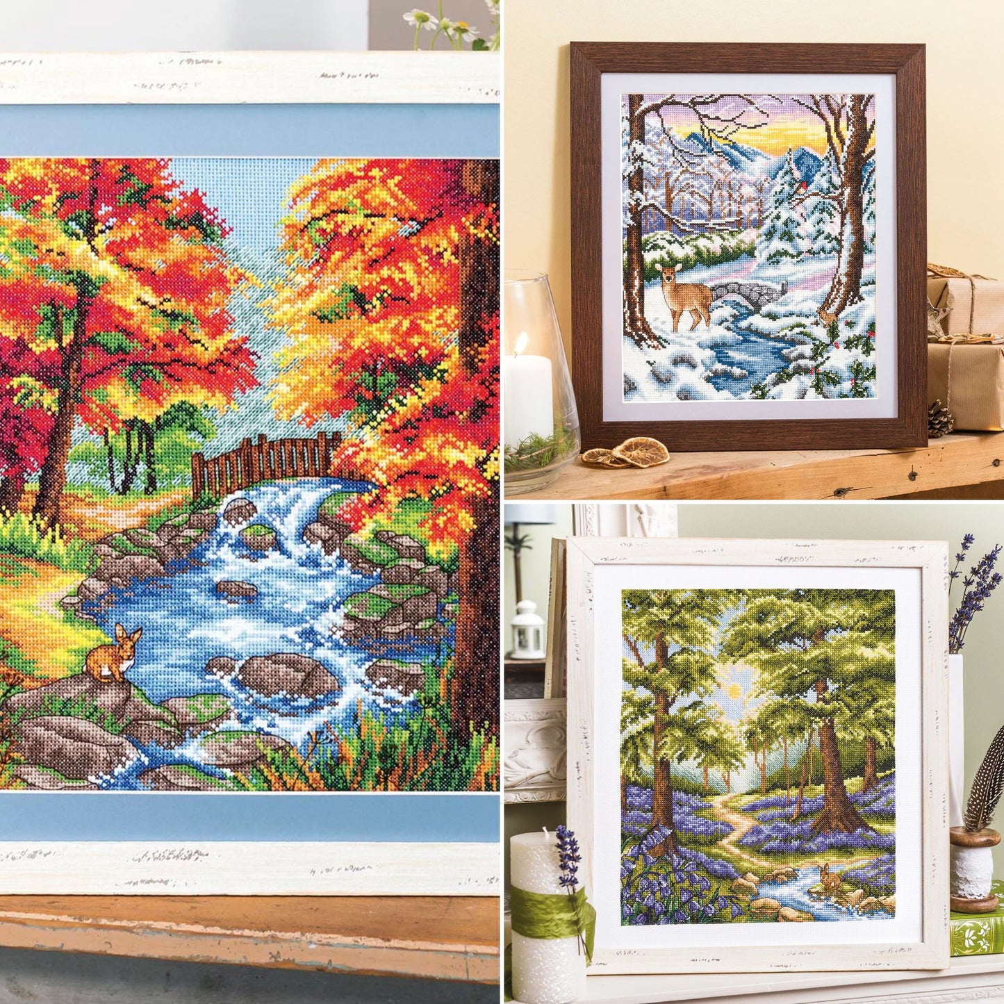Collage of cross-stitch patterns depicting autumn, winter, and spring landscapes.